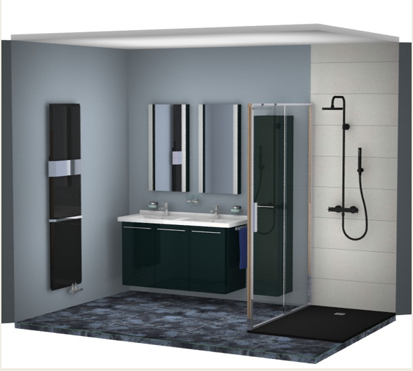 Présentation en 3D d'un projet de salle de bain réalisé par un conseiller décorateur chez Esprit Casa carrelage - denis matériaux